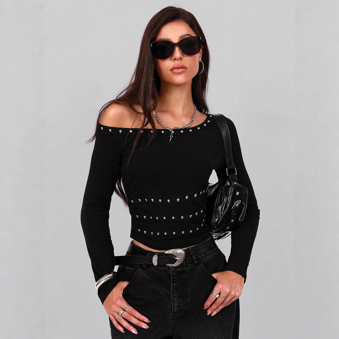Damen nan asymmetrisches schulterfreies Langarmshirt mit Nietenbesatz und tailliertem Schnitt EB