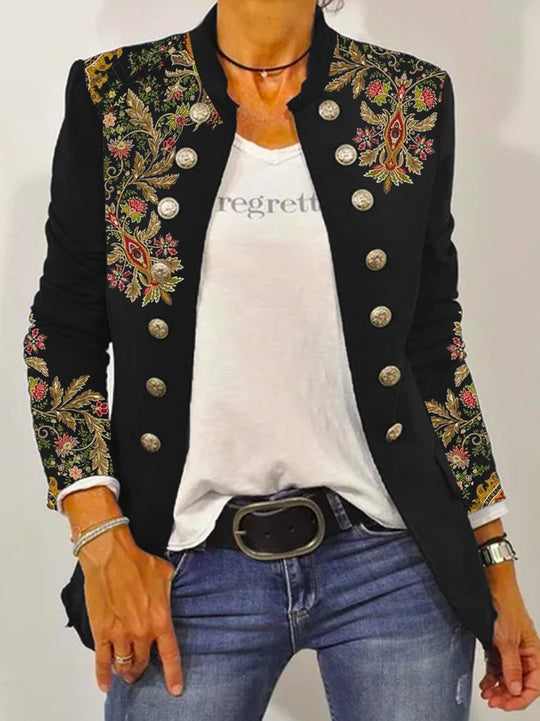 Damen Elegante Blazerjacke mit floralem Stickdesign und kontrastierenden Knöpfen EB