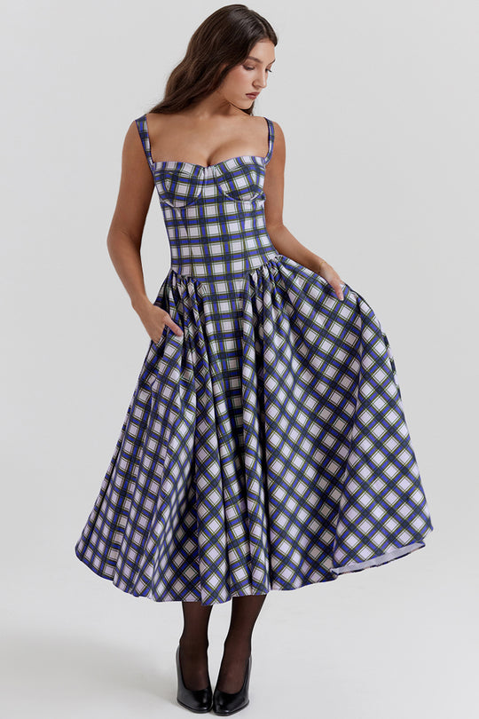 Damen Midikleid im Karomuster mit strukturiertem Oberteil und voluminösem Rock EB