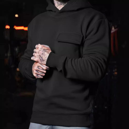 Herren nan athletischer Kapuzenpullover mit aufgesetzter Klappentasche aus schwerer French-Terry EB