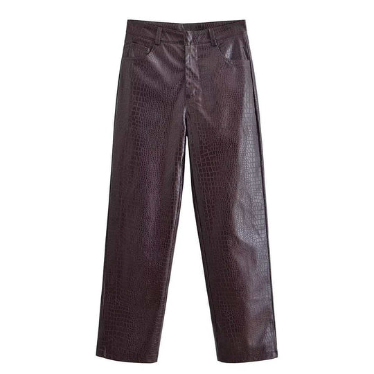 Damen nan gerade geschnittene Kunstlederhose mit Krokoprägung und hoher Taille EB