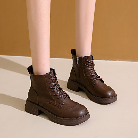 Damen stylische Schnürstiefeletten mit Reißverschluss und robustem Profil EB