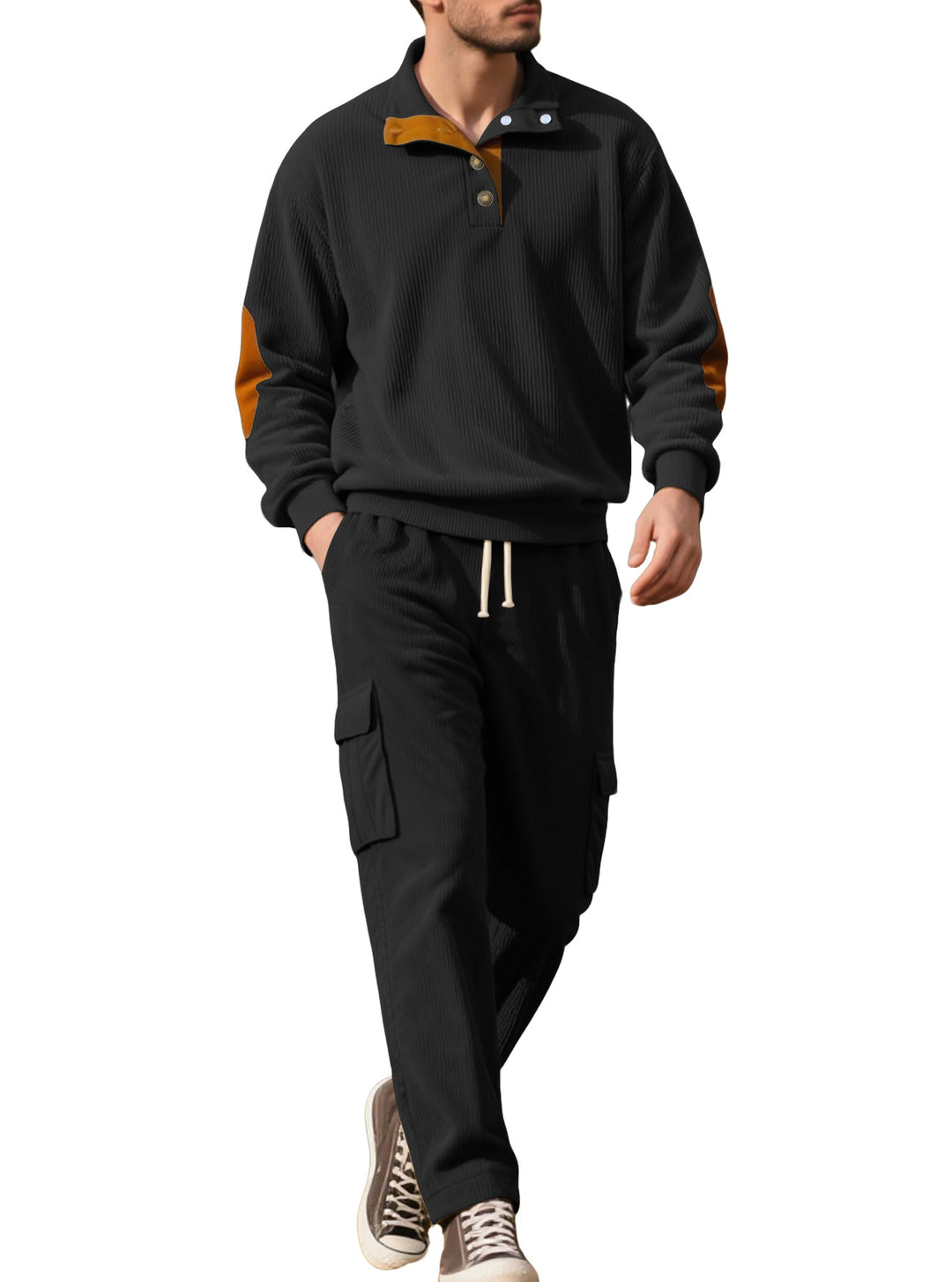 Herren nan strukturierter Troyer-Pullover mit Stehkragen Druckknopfleiste und Velours-Ellenbogenpatch EB