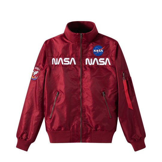 Men's  retro space-logo nylon zip bomber with angled zip pockets and utility sleeve tab EB