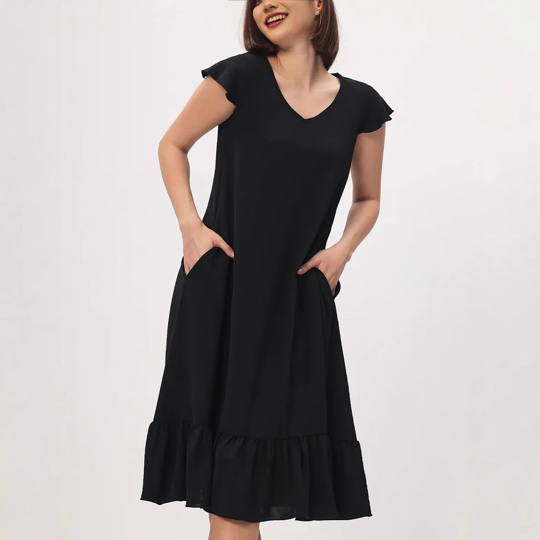 Damen Midi-Kleid mit modischem V-Ausschnitt und Rüschensaum EB