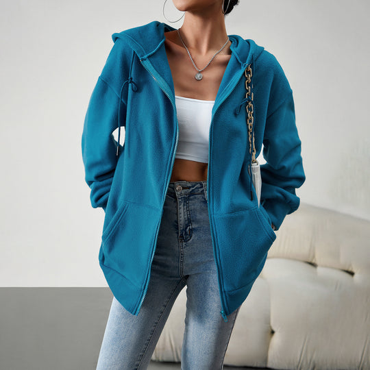 Damen nan kuscheliger Teddy-Fleece Zip-Hoodie mit Kapuze, tiefer Schulterpassform und Kängurutaschen EB