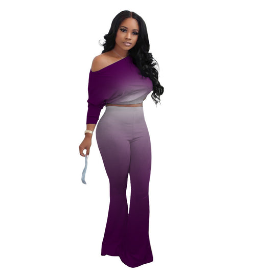Damen Lässiges Ombre Set mit stilvollem Off-Shoulder Oberteil und figurbetonten Hosen EB