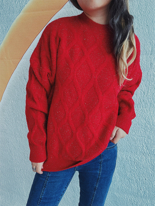 Damen Grobstrickpullover mit elegantem Rautenmuster und voluminösen Ärmeln EB