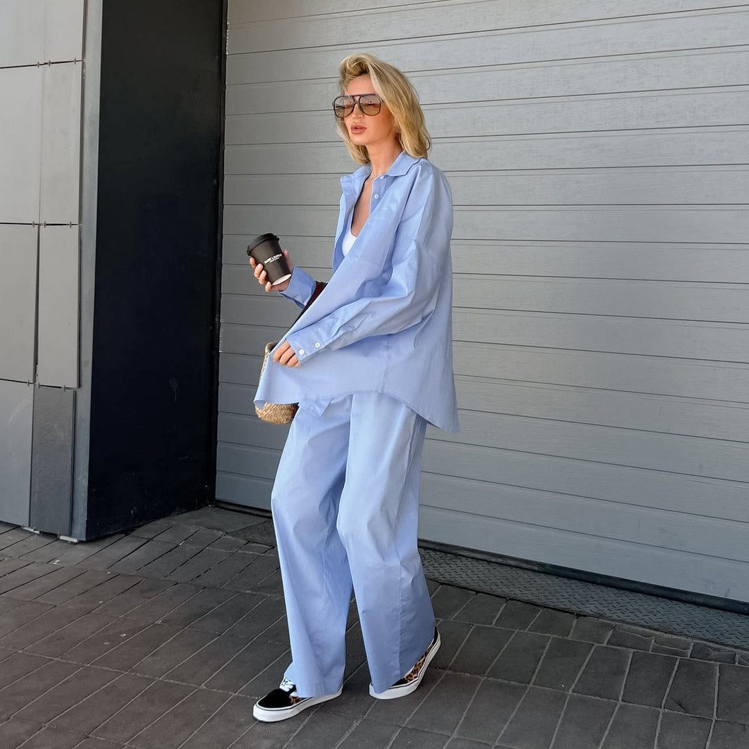 Damen Bequemes Set aus Oversized Hemd und Weiten Hosen EB