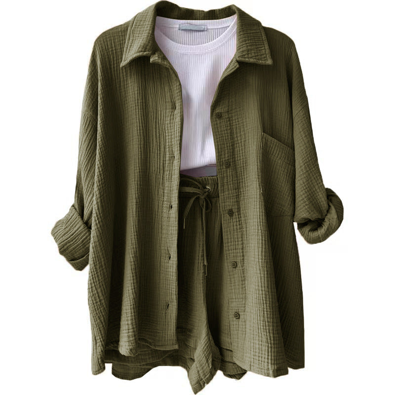 Damen nan lässiges oversized Hemd und Shorts Set mit Brusttasche Kordelbund und gerauter Baumwollstruktur EB