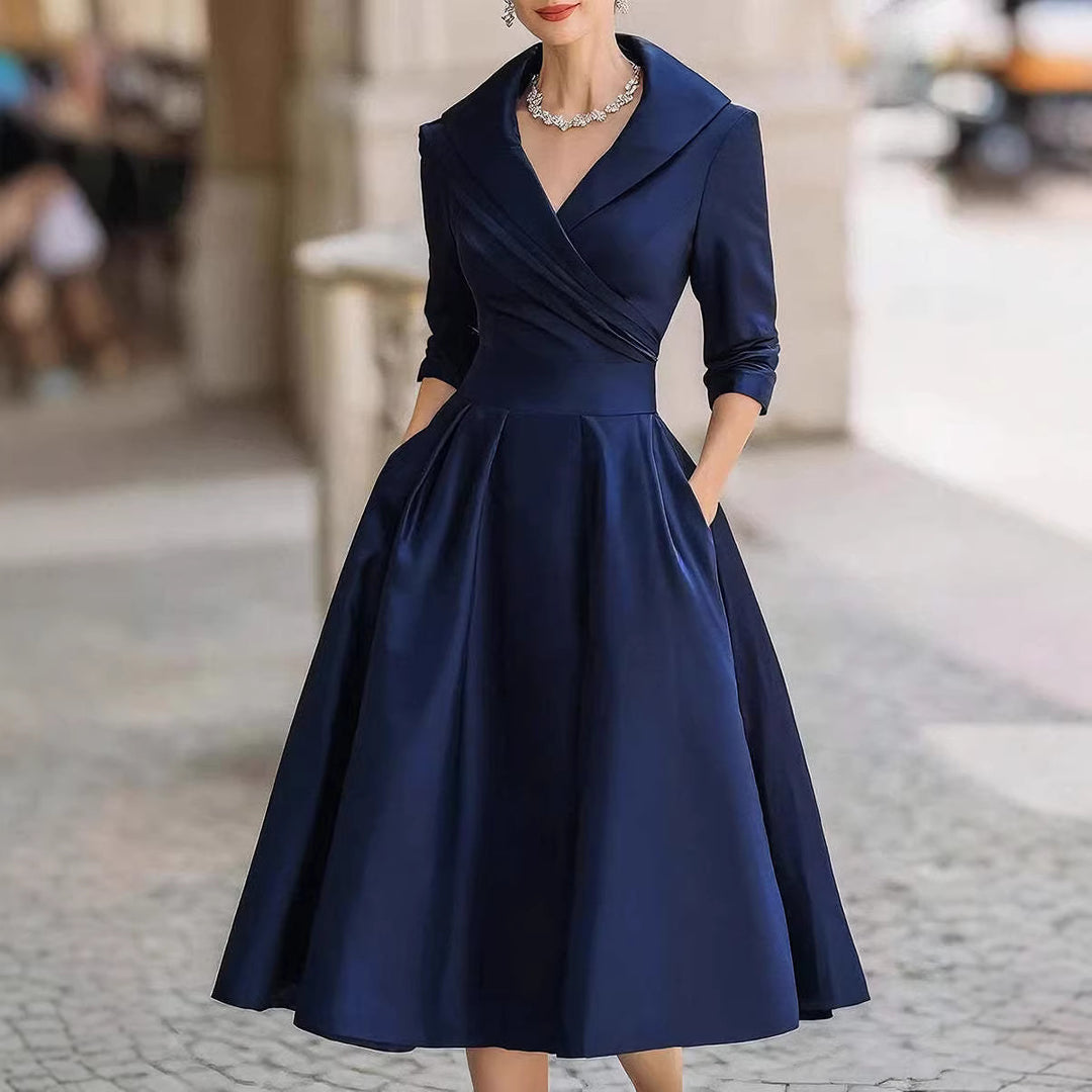 Damen nan elegantes Midikleid mit Wickeloberteil, Dreiviertelärmeln und Eingrifftaschen EB