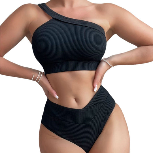 Damen Einseitig geschnittener Bikini-Top und hochtaillierte Bikinihose EB