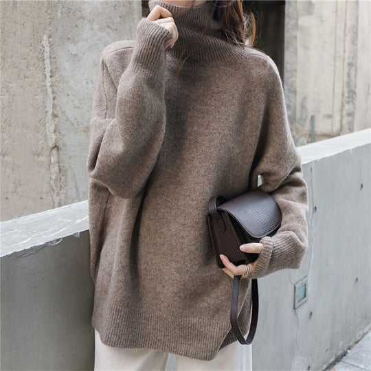 Damen Oversized Pullover mit hohem Kragen und Puffärmeln EB
