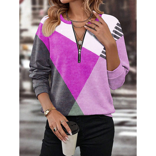 Damen Sportlicher Sweatshirt mit halbem Reißverschluss und trendigem Kontrast-Design EB