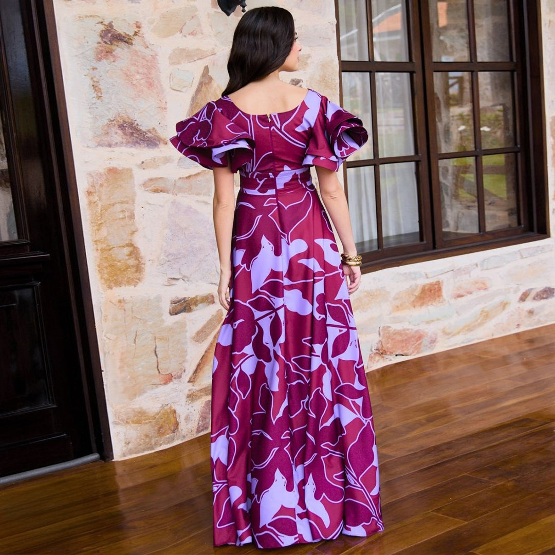 Damen Maxi-Kleid mit voluminösen Puffärmeln und elegantem Schlitz EB