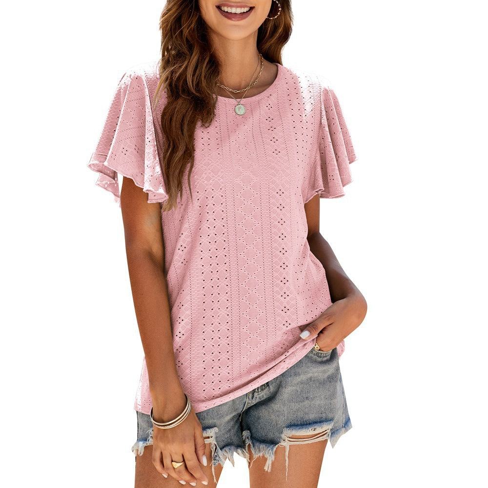Damen T-Shirt mit eleganten Volantärmeln und durchbrochenem Design EB