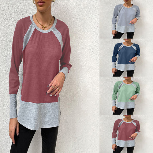Damen lässiges Langarmshirt mit Waffle-Struktur und Kontrastärmeln EB