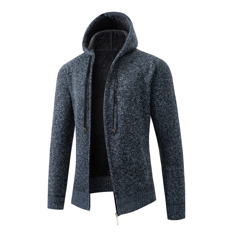 Herren nan melierte Strickzip-Kapuzenjacke mit wärmendem Teddyfutter, verdecktem Zwei-Wege-Reißverschluss und elastischen Bündchen EB