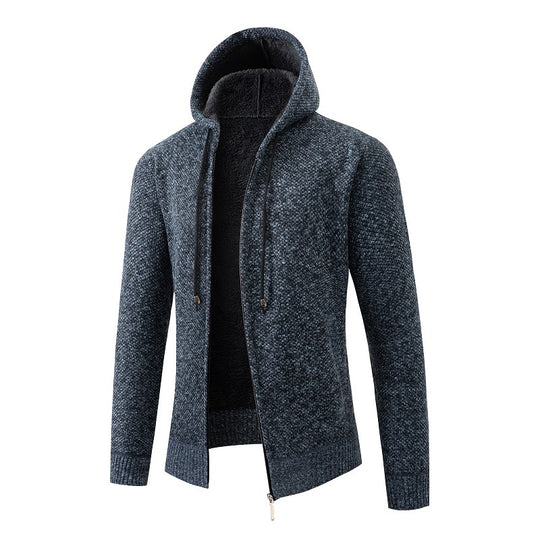 Herren nan melierte Strickzip-Kapuzenjacke mit wärmendem Teddyfutter, verdecktem Zwei-Wege-Reißverschluss und elastischen Bündchen EB