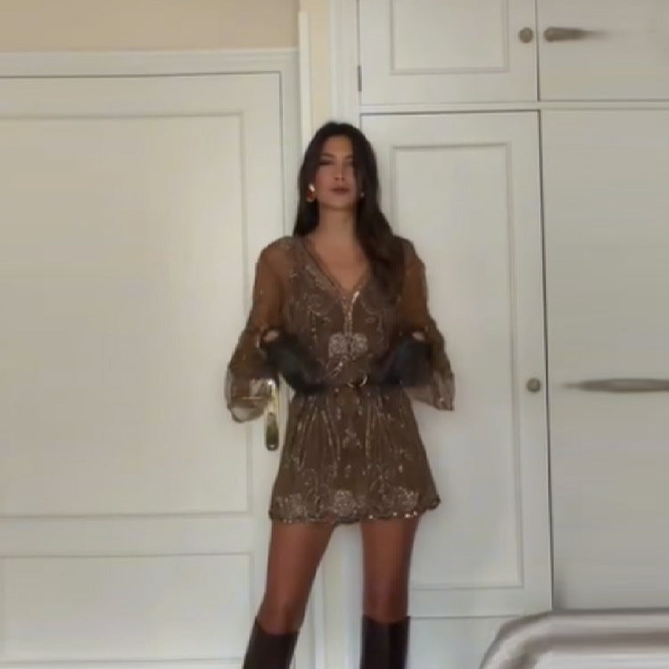 Damen funkelndes Cocktailkleid mit elegantem Spitzenbesatz EB