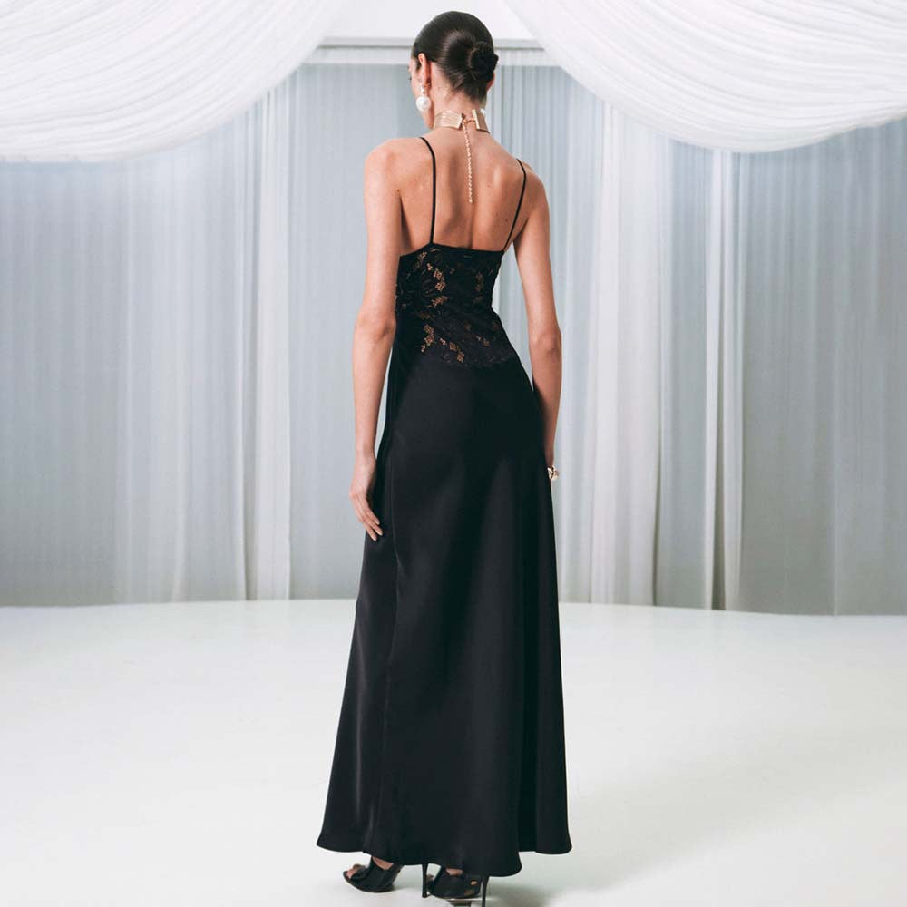 Damen Elegantes Maxikleid mit Spitzenbesatz EB