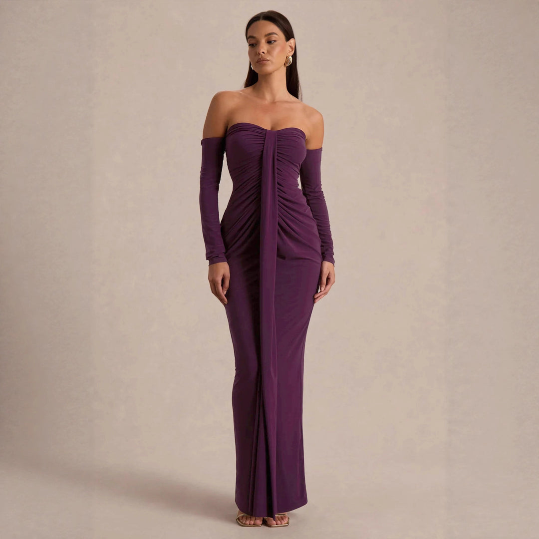 Damen trägerloses Abendkleid mit langen Ärmeln und raffinierten Rüschendetails EB