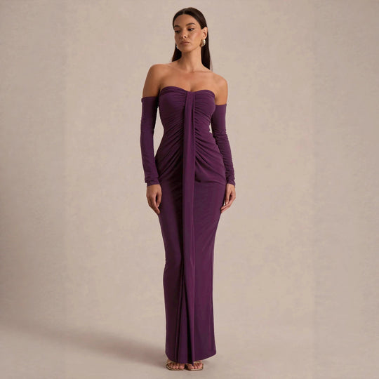 Damen trägerloses Abendkleid mit langen Ärmeln und raffinierten Rüschendetails EB