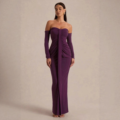 Damen trägerloses Abendkleid mit langen Ärmeln und raffinierten Rüschendetails EB
