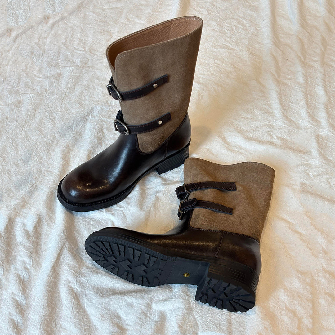 Damen Stiefel mit modischem Falten-Design und verstellbaren Schnallen EB