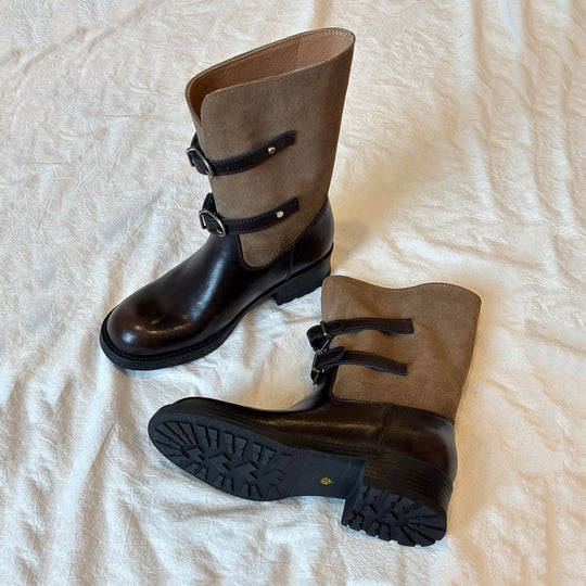 Damen Stiefel mit modischem Falten-Design und verstellbaren Schnallen EB