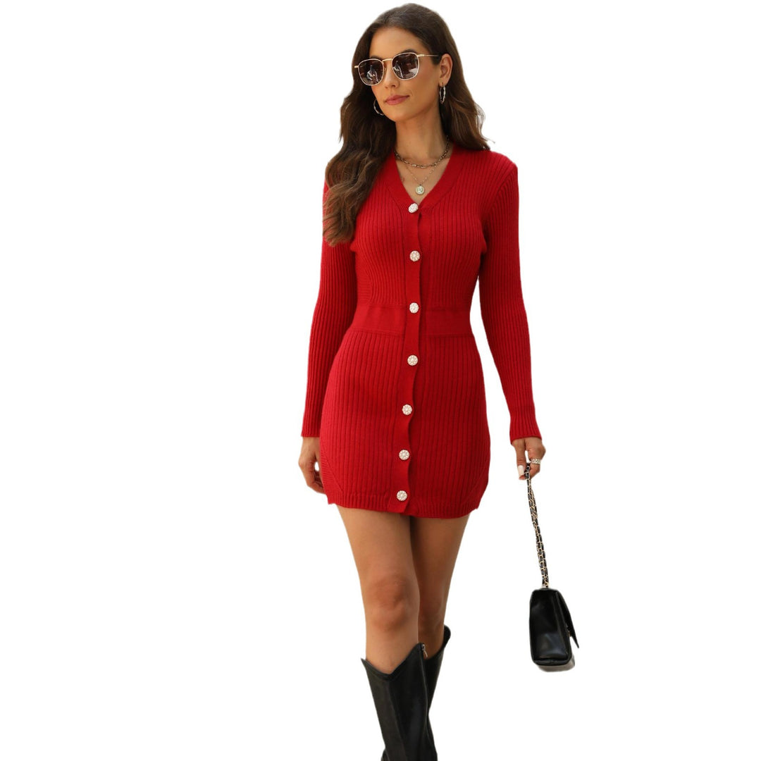 Damen Strickkleid mit Knopfverschluss und V-Ausschnitt EB