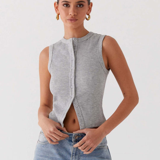 Damen ärmelloses Knopfschalenshirt aus Rippenstoff mit modernem Schnitt EB