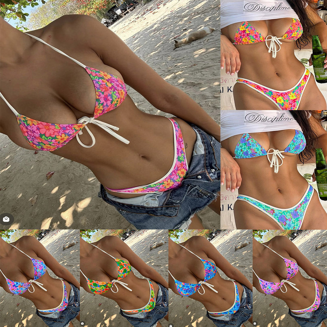 Damen Triangel-Bikini mit lebhaftem Blumenmuster und raffinierten Bindebändern EB
