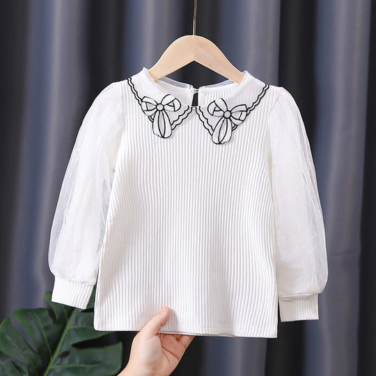 Mädchen Bluse mit transparenter Puffärmel und besticktem Kragen EB
