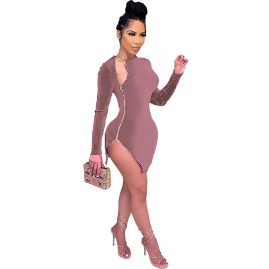 Damen Modisches Einteilerkleid mit asymmetrischem Reißverschluss und langen Ärmeln EB