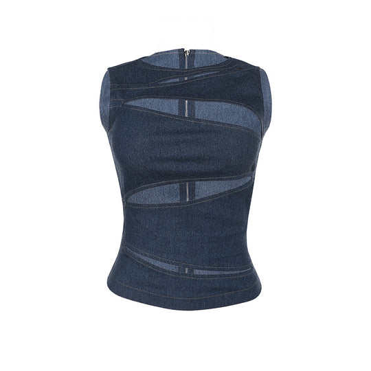 Damen figurbetontes Denim-Top mit asymmetrischen Cut-Outs und stylischem Design EB
