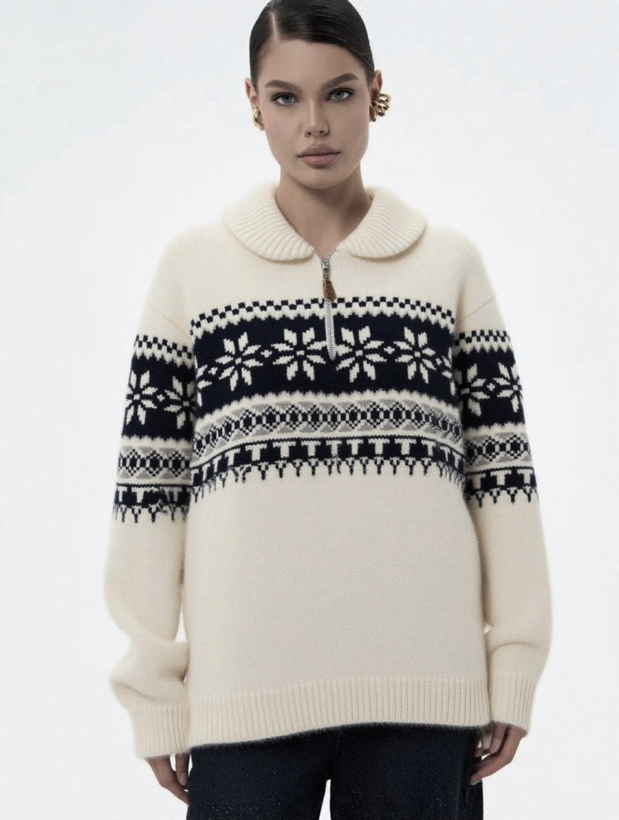 Damen gestrickter Pullover mit Halskragen und Modischem Norweger-Muster EB