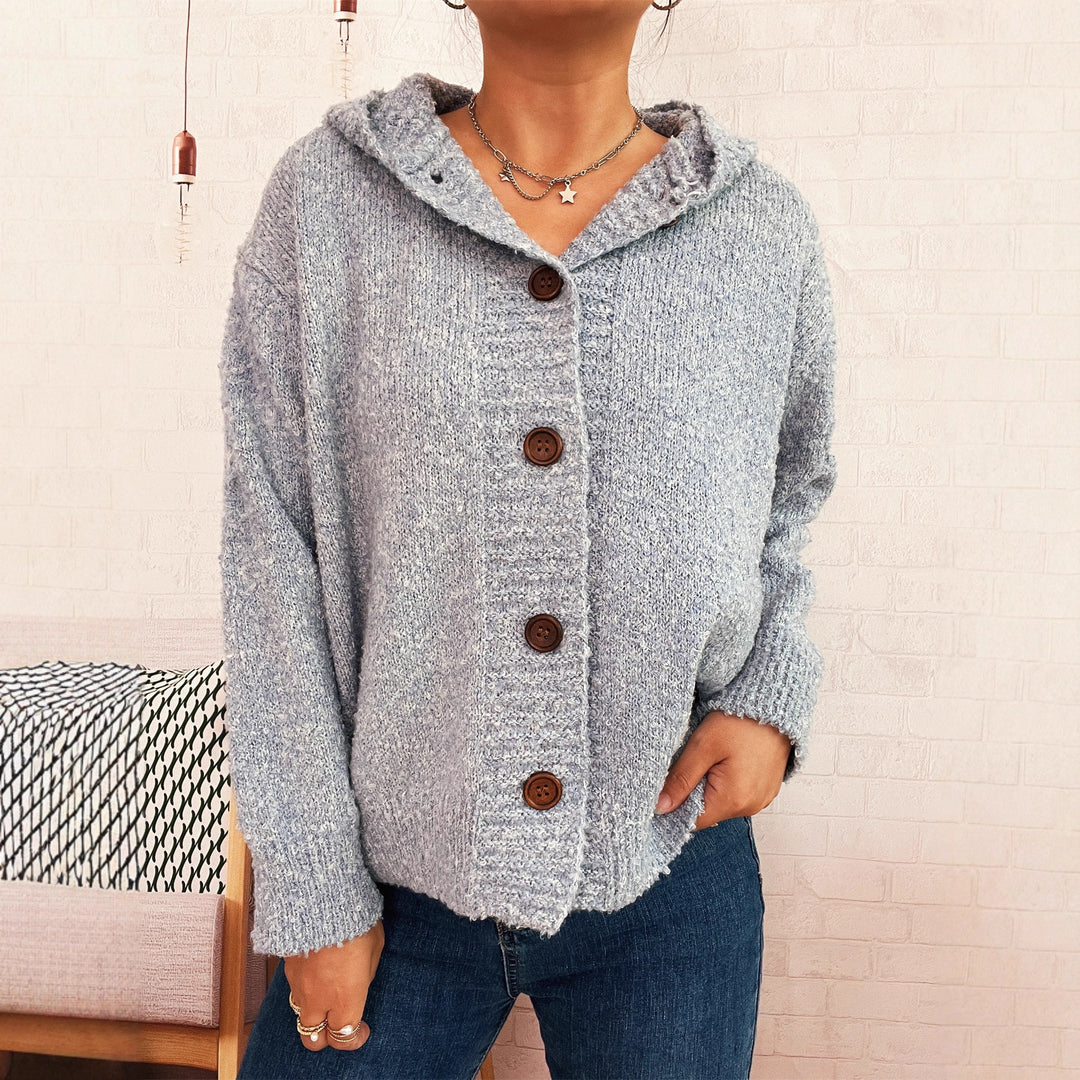 Damen kuschelige Strickjacke mit Kapuze und Knopfdetails EB