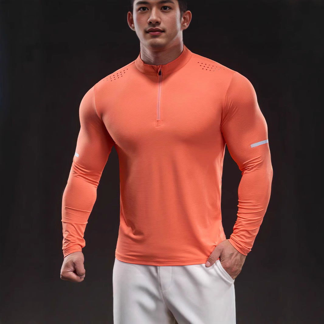 Herren Atmungsaktives Longsleeve Trainingsshirt mit Stehkragen und Kurz-Reißverschluss EB