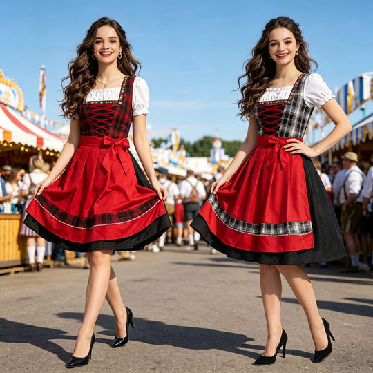 Damen nan traditionelles Dirndlkleid mit Schürze geschnürtem Mieder und kariertem Oberteil EB