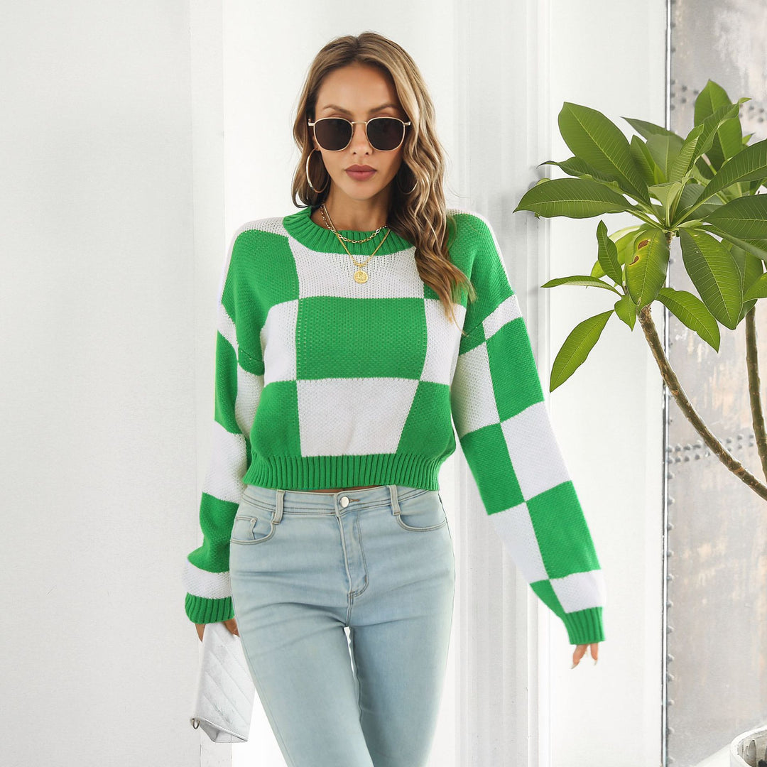 Damen Oversized Strickpullover mit modernen Karomuster und hohem Kragen EB