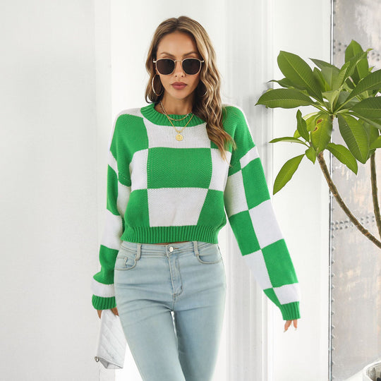 Damen Oversized Strickpullover mit modernen Karomuster und hohem Kragen EB