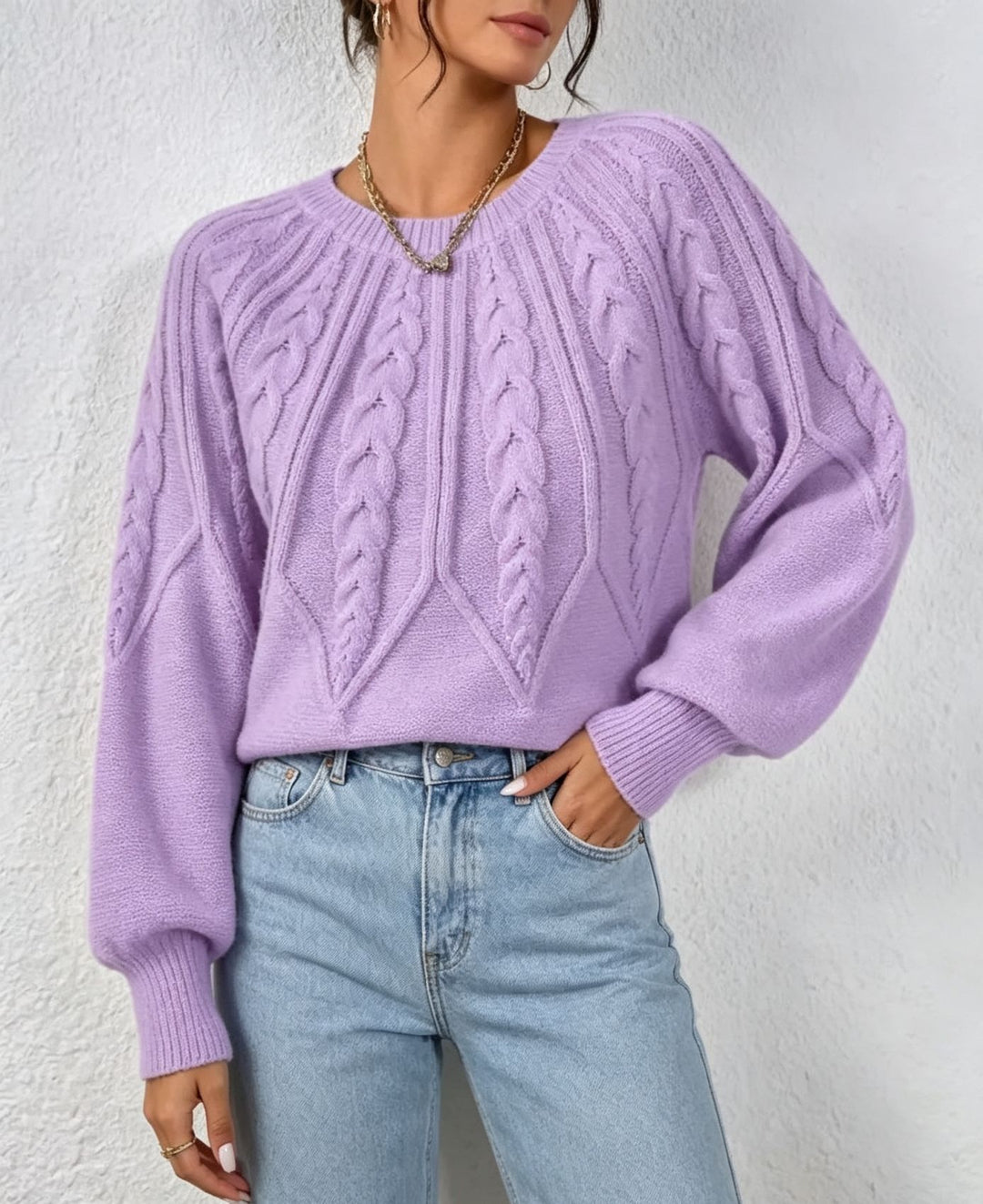 Damen kurzgeschnitteter Grobstrick-Zopfpullover mit Ballonärmeln EB