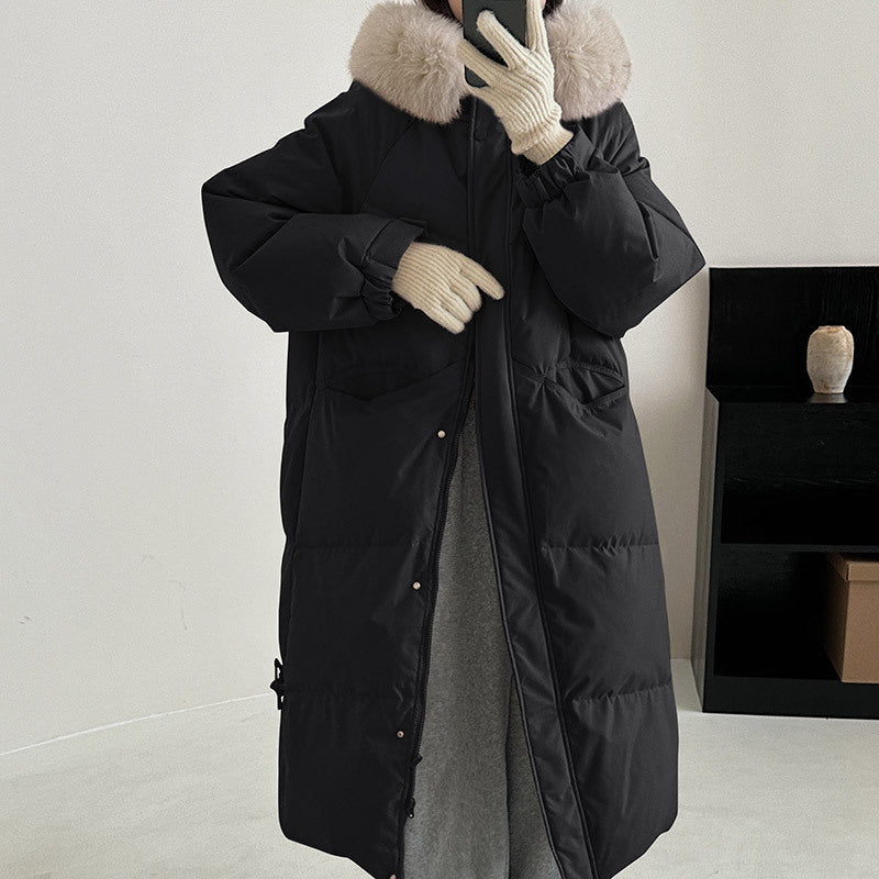 Damen Lange gefütterte Winterjacke mit hochwertigem Kunstfellkragen und praktischen Taschen EB