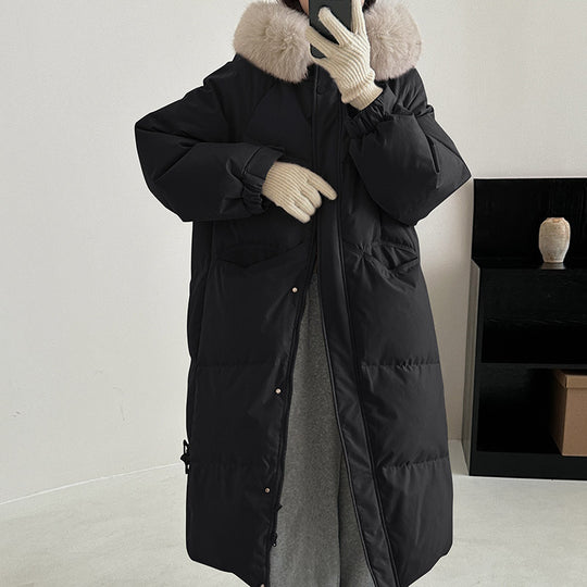 Damen Lange gefütterte Winterjacke mit hochwertigem Kunstfellkragen und praktischen Taschen EB