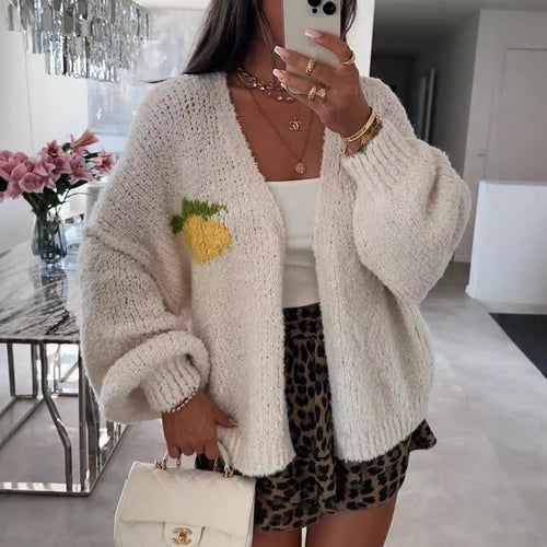 Damen Strickjacke mit fröhlichem Ananas-Motiv und oversized Schnitt EB