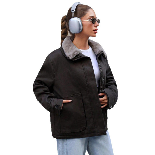 Damen lässige Übergangsjacke mit Kunstfellkragen und praktischen Taschen EB
