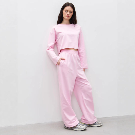 Damen Kurzgeschnittenes Sweatshirt und High-Waist Relax-Jogginghose Set EB