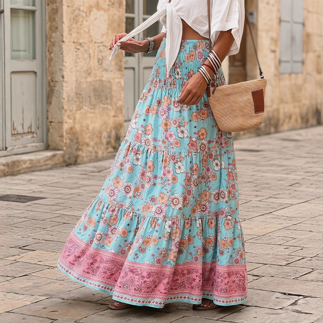 Damen nan gestufter Maxirock mit floralem Print, elastischem Smockbund und Volantkanten EB