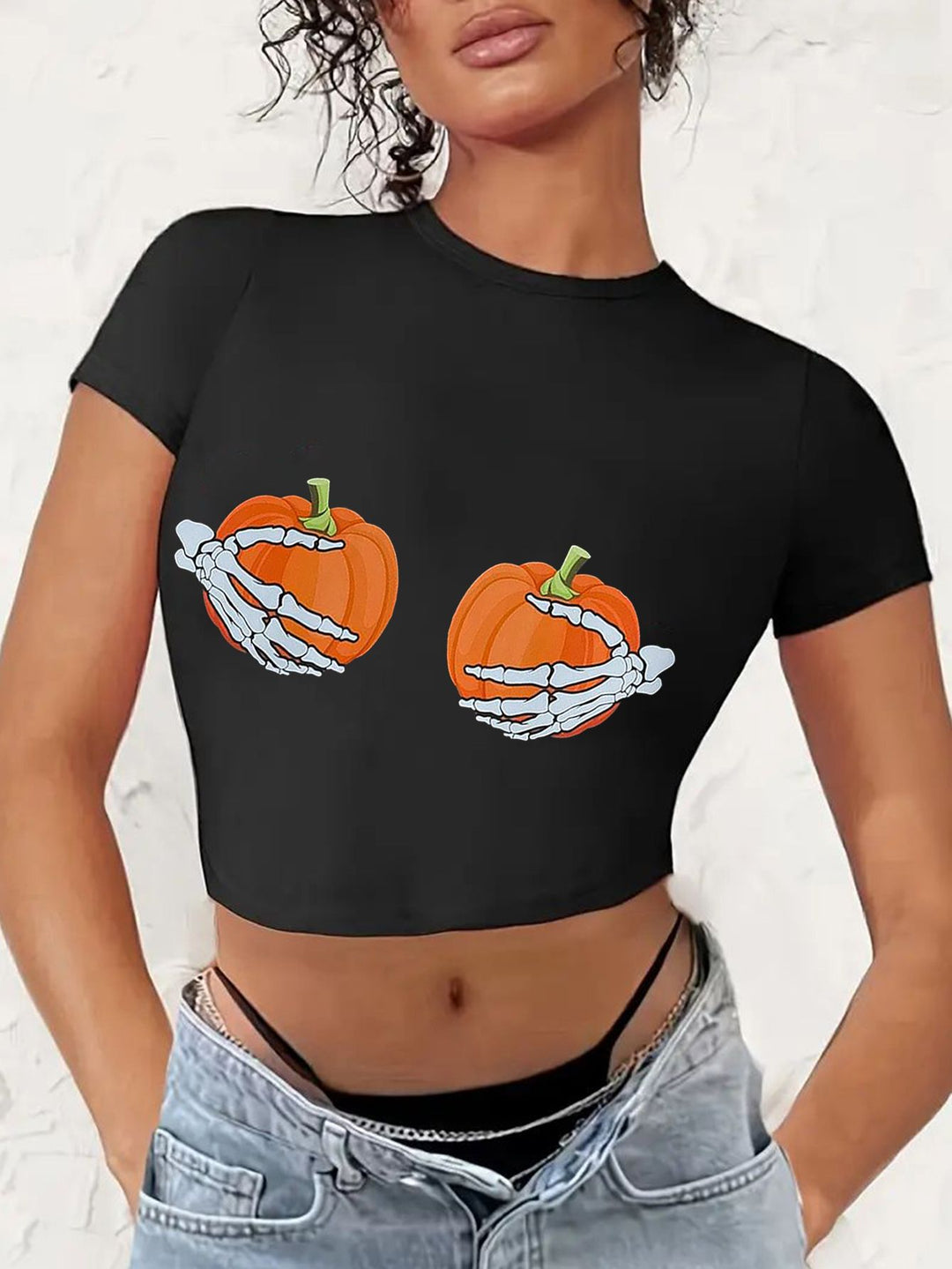 Damen Crop-T-Shirt mit kreativem Comic-Motiv EB